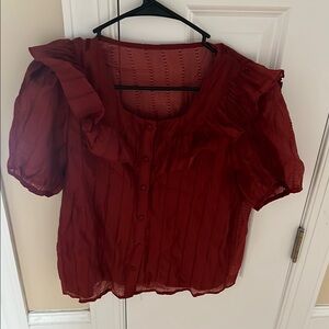 Red Puff Sleeve Ruffled Blouse
